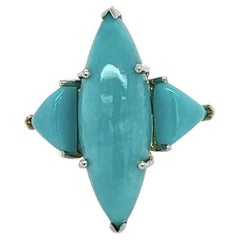 Anillo vintage de 3 piedras marquesa y trillón turquesa navette de oro