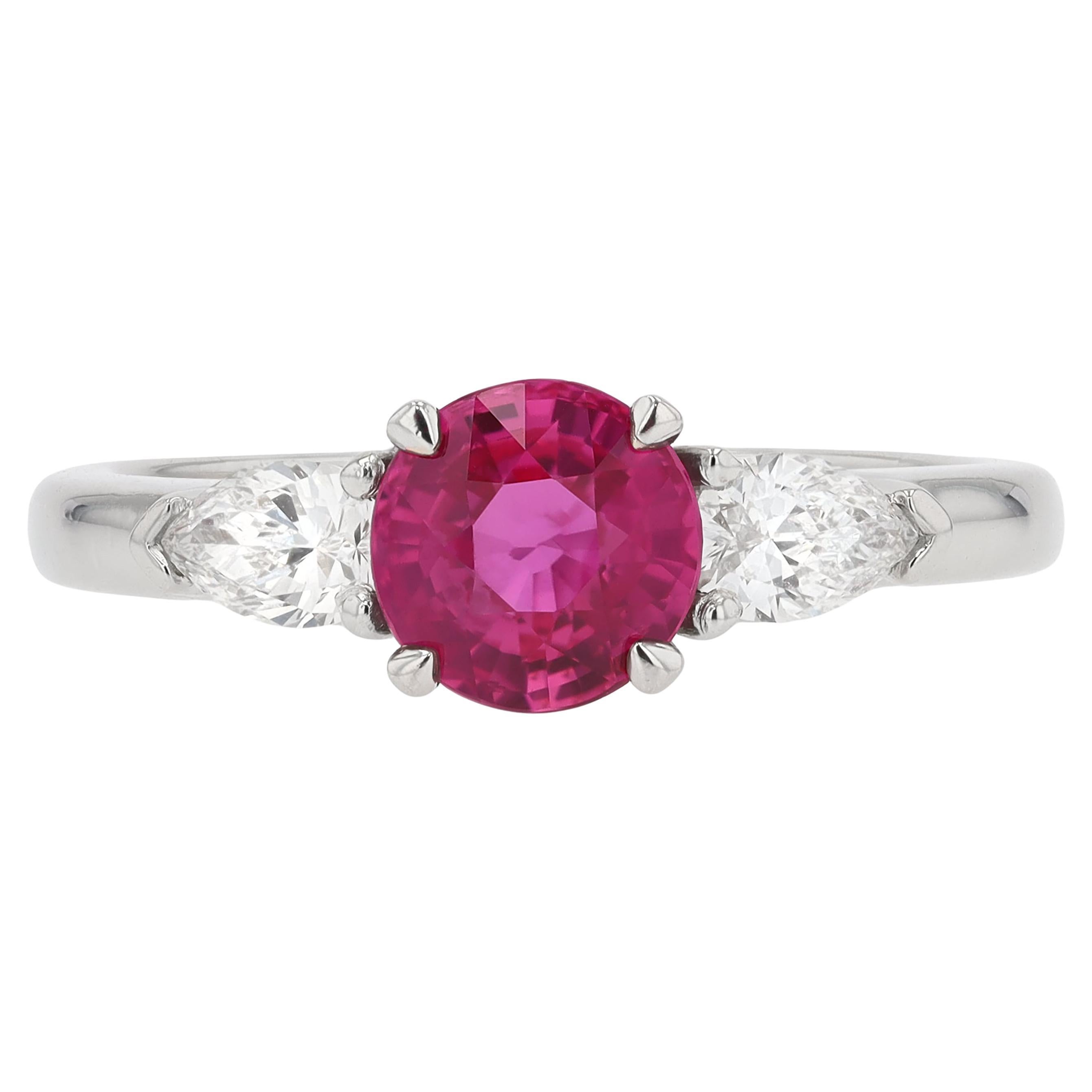 Vintage 3 Stone Ruby Diamond Gemstone Engagement Ring For Sale