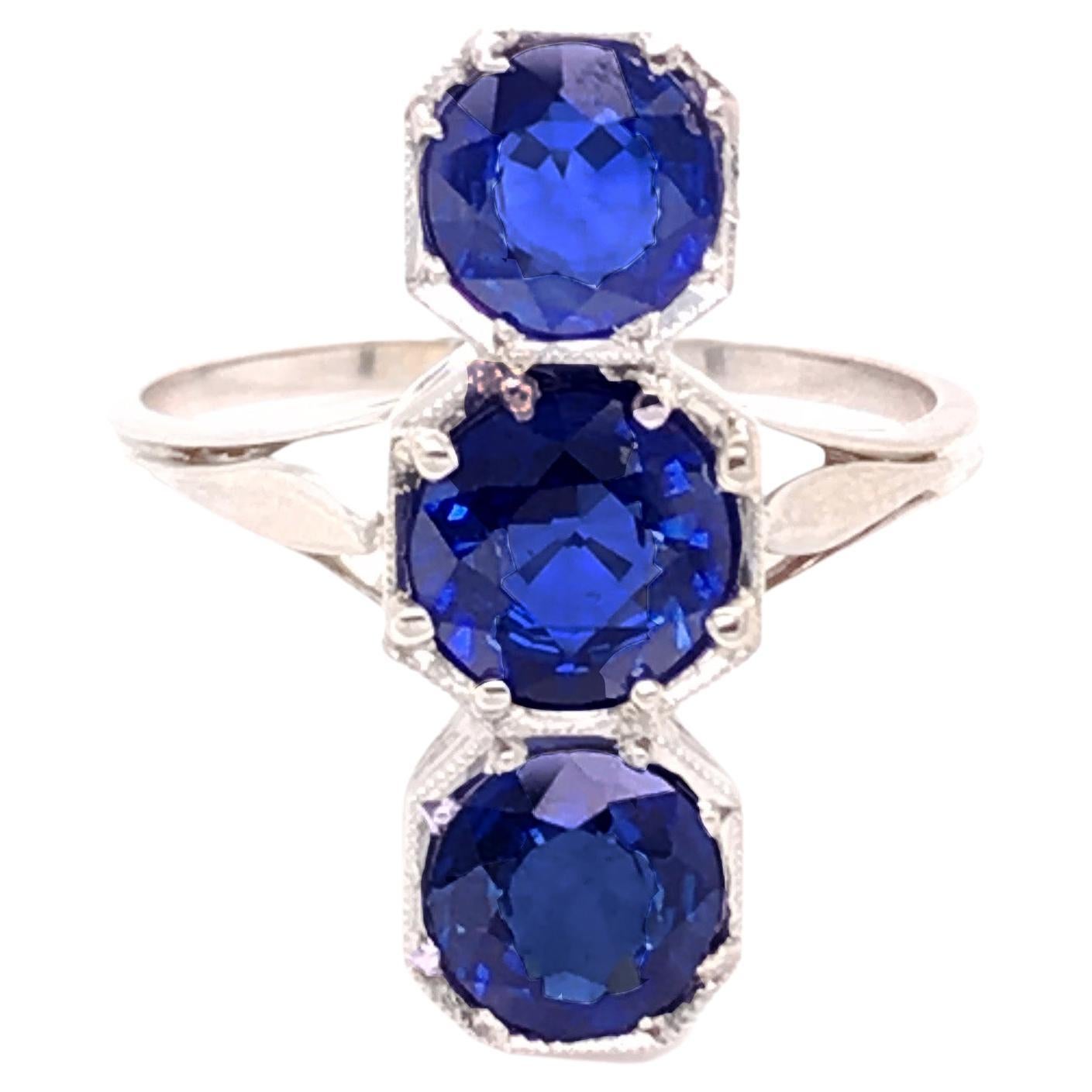 Edwardian 3 Stone Sapphire Ring 3.40ct Round Cut Genuine 1900's Antique 18K For Sale
