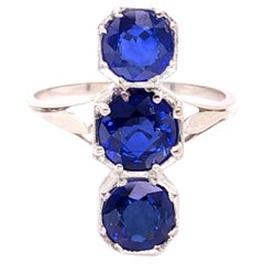 Edwardian 3 Stone Sapphire Ring 3.40ct Round Cut Genuine 1900's Antique 18K