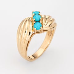 Vintage 3 Stone Turquoise Ring 14k Yellow Gold Estate Fine Jewelry Band