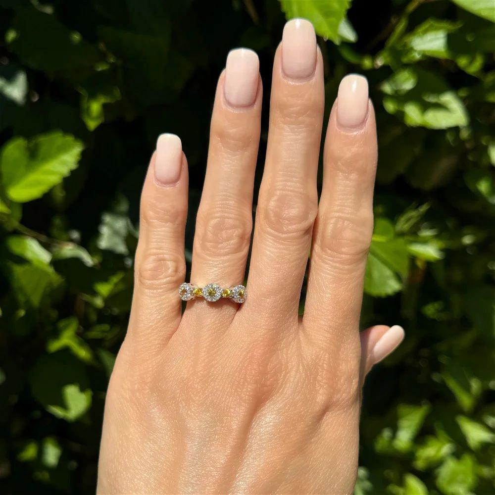 Modernist Vintage 3 Stone Yellow Sapphire and RBC Diamond Gold Band Ring For Sale