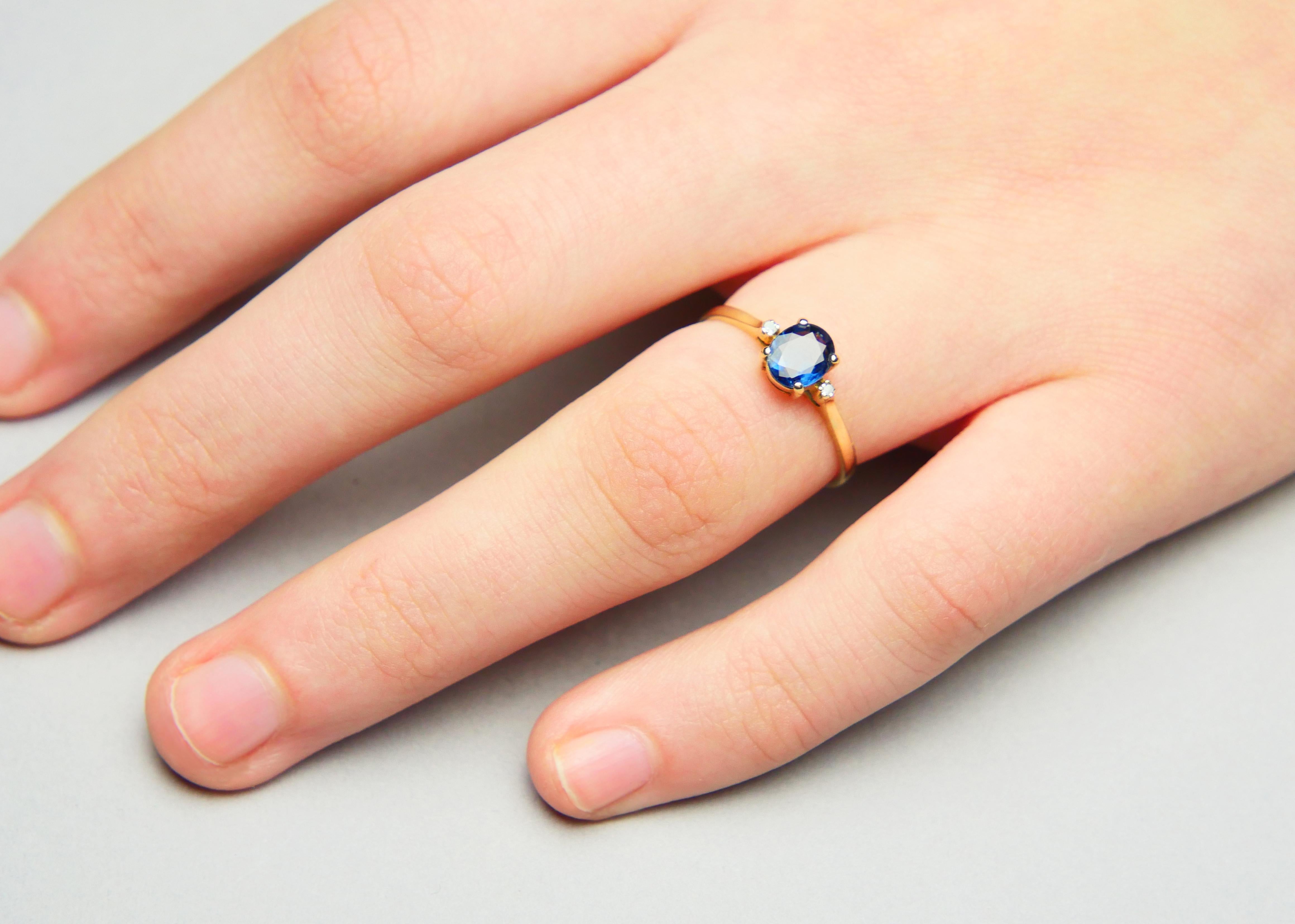 Vintage 3 Stones Ring natural 0.75ct Sapphire Diamonds 14K Gold ØUS6 / 1.6gr For Sale 1