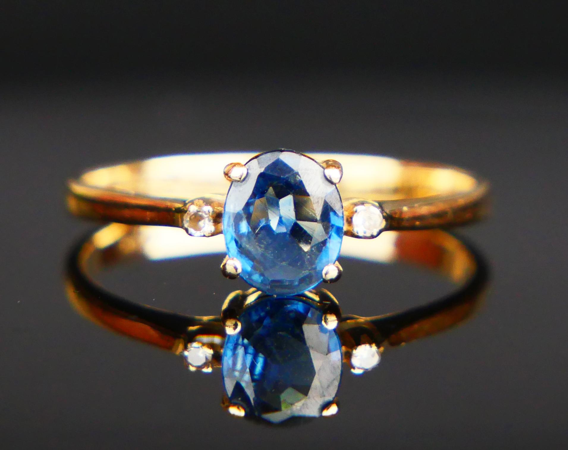 Vintage 3 Stones Ring natural 0.75ct Sapphire Diamonds 14K Gold ØUS6 / 1.6gr en vente 3
