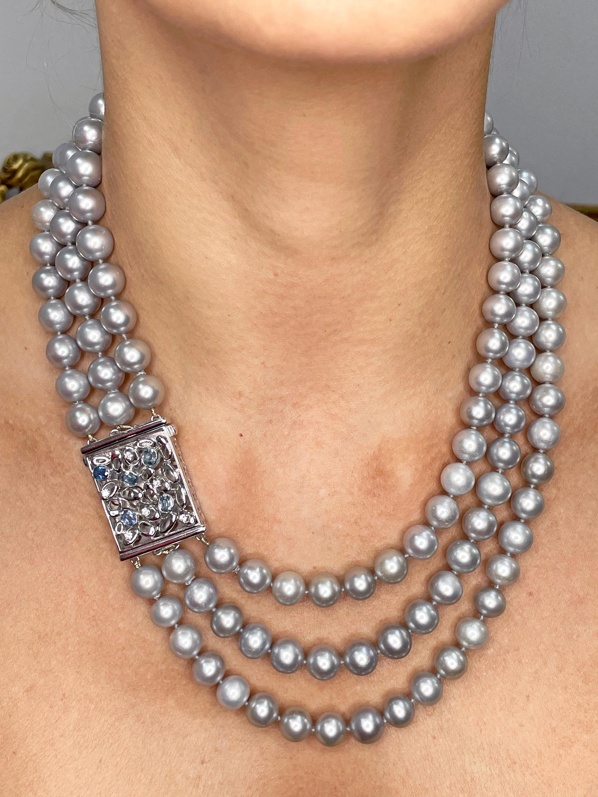 Vintage 3- Strand A DIAMOND, SAPPHIRE Cultured Grey PEARL Necklace in 18K W Gold For Sale 4