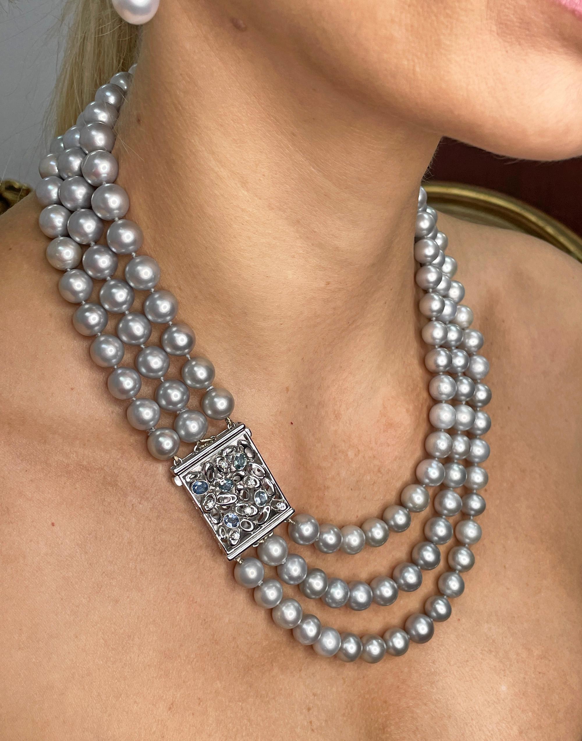 Vintage 3- Strand A DIAMOND, SAPPHIRE Cultured Grey PEARL Necklace in 18K W Gold For Sale 5