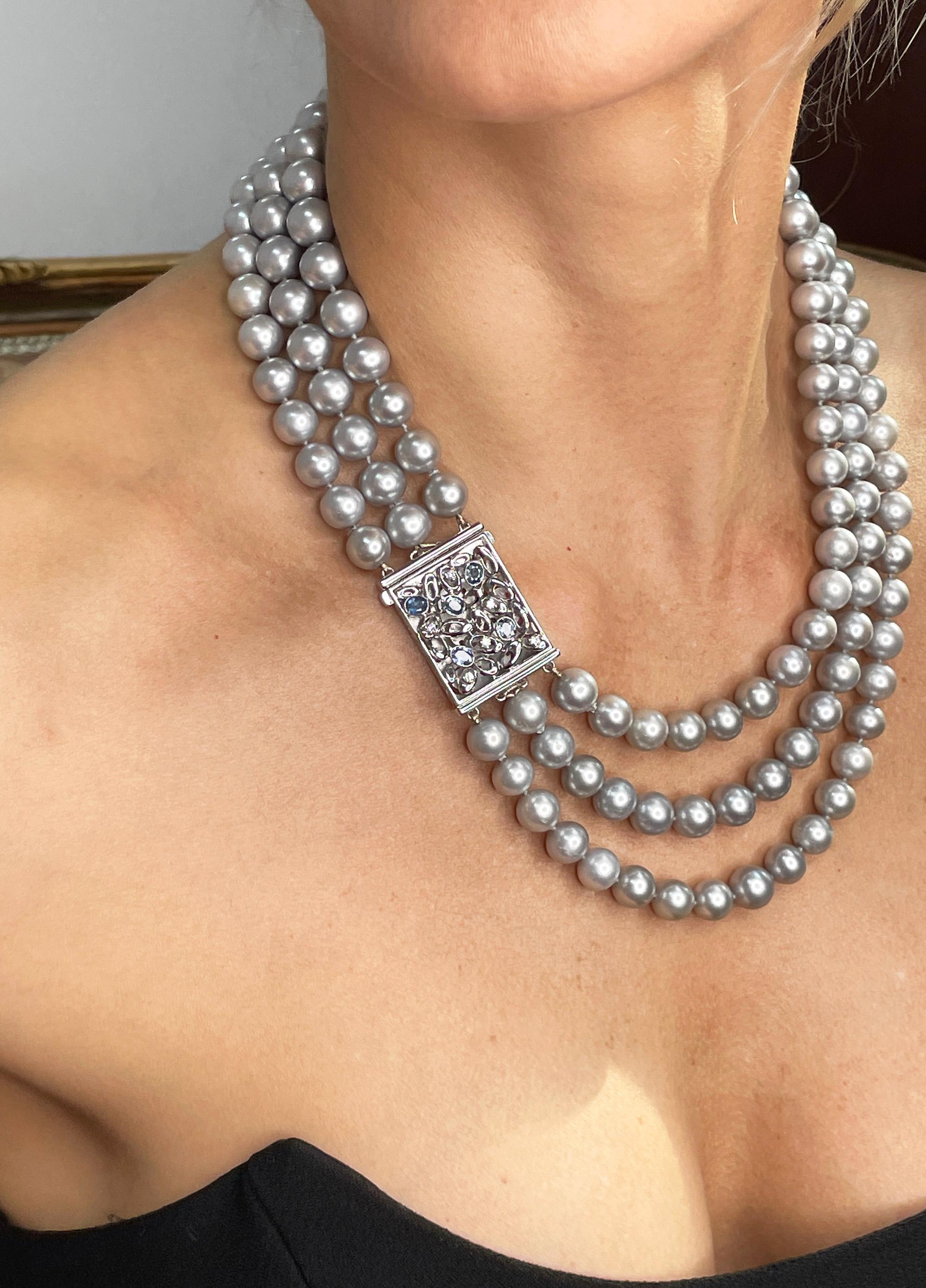 Vintage 3- Strand A DIAMOND, SAPPHIRE Cultured Grey PEARL Necklace in 18K W Gold For Sale 6