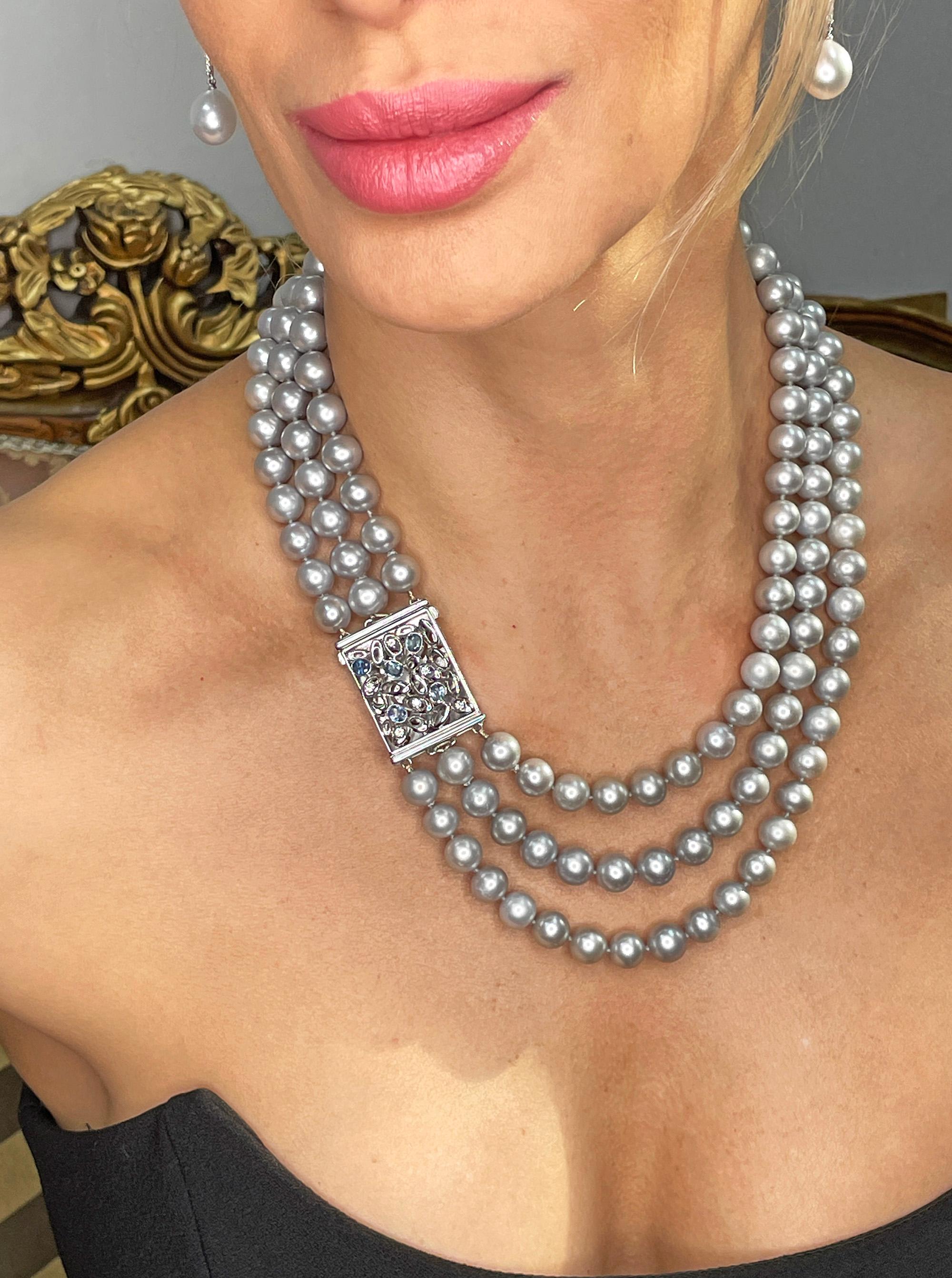 Vintage 3- Strand A DIAMOND, SAPPHIRE Cultured Grey PEARL Necklace in 18K W Gold For Sale 7