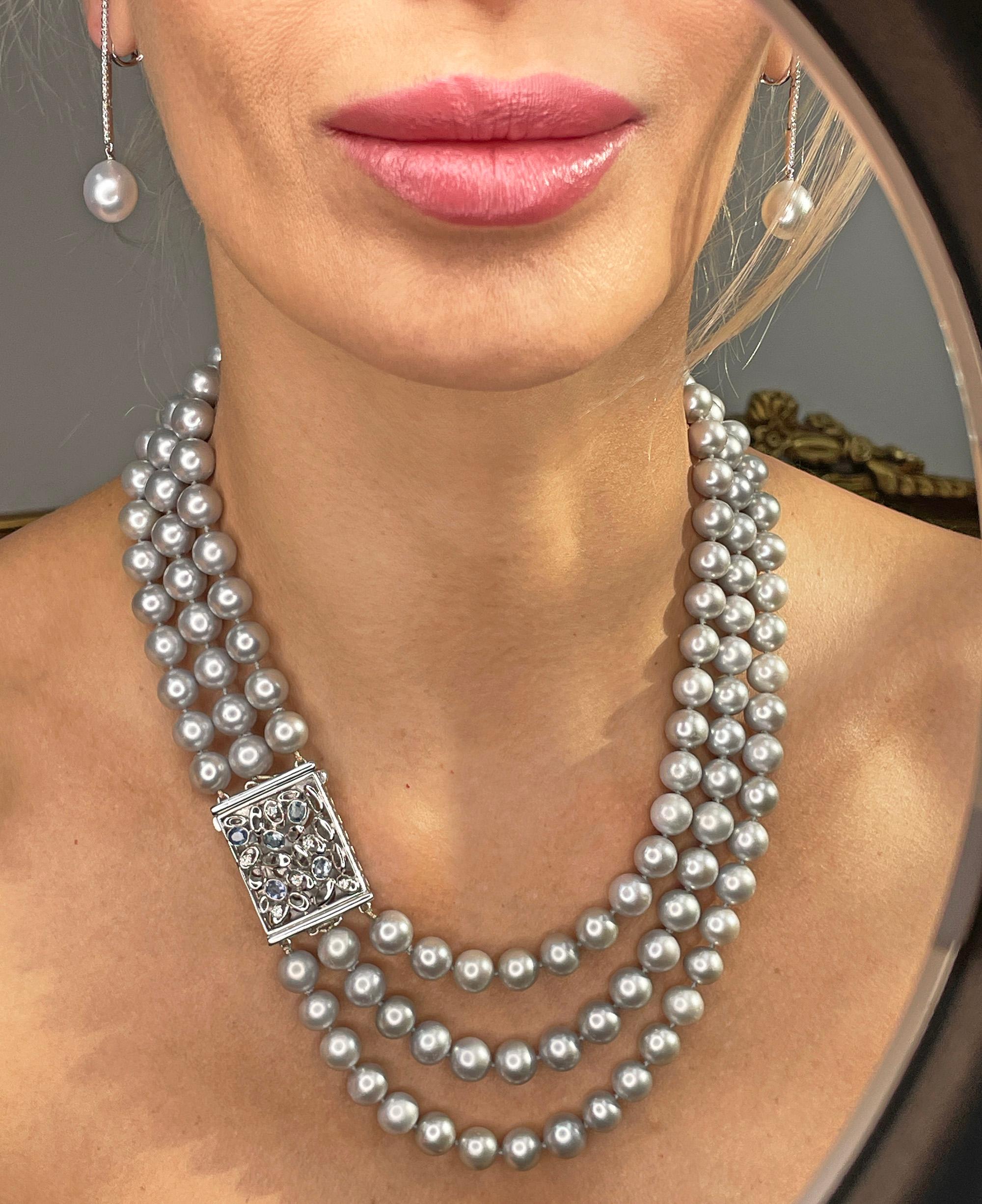 Vintage 3- Strand A DIAMOND, SAPPHIRE Cultured Grey PEARL Necklace in 18K W Gold For Sale 8