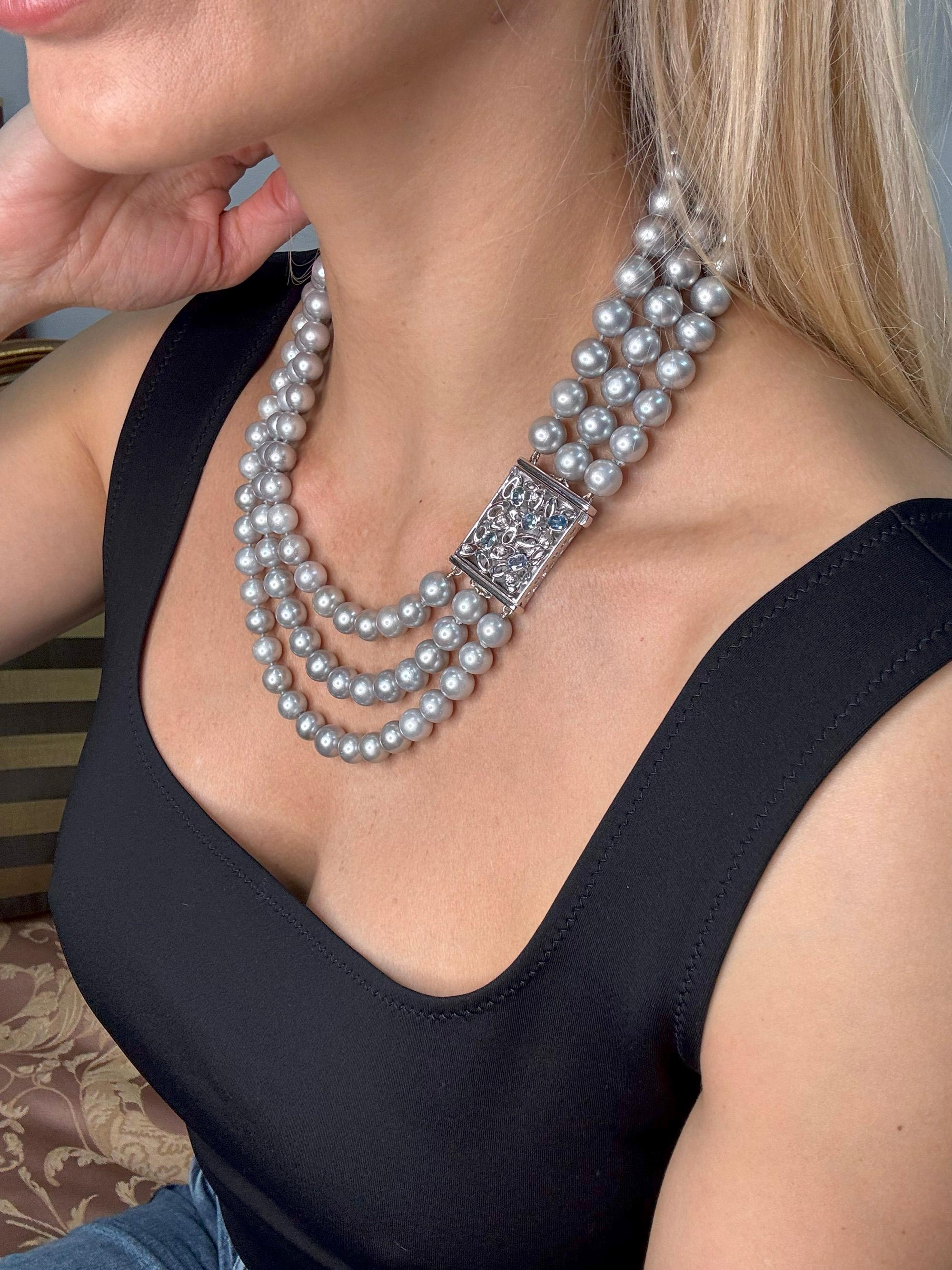 Modern Vintage 3- Strand A DIAMOND, SAPPHIRE Cultured Grey PEARL Necklace in 18K W Gold For Sale