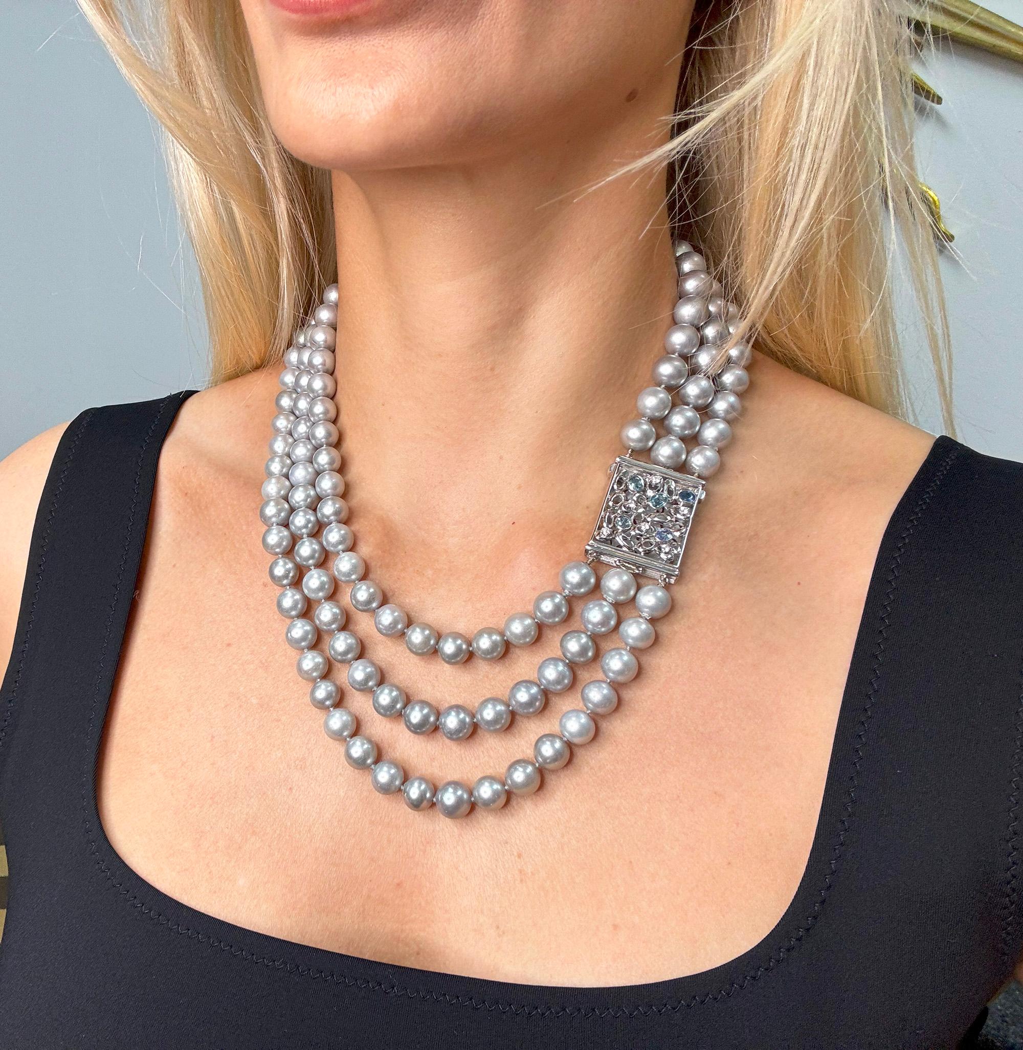 Women's Vintage 3- Strand A DIAMOND, SAPPHIRE Cultured Grey PEARL Necklace in 18K W Gold For Sale