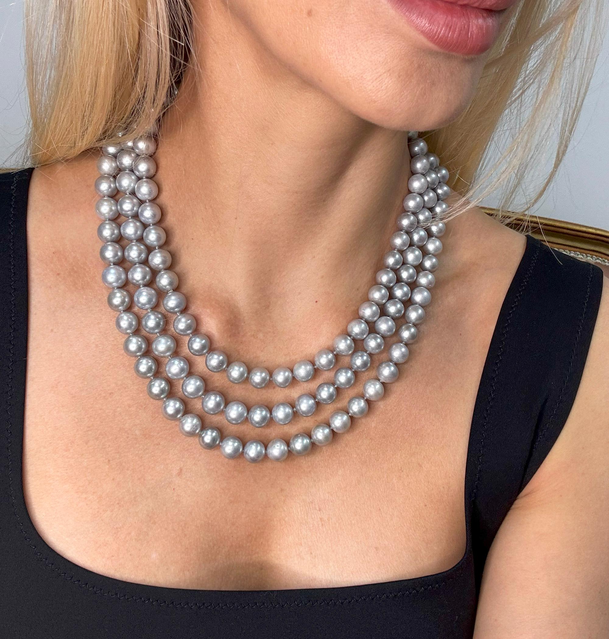 Vintage 3- Strand A DIAMOND, SAPPHIRE Cultured Grey PEARL Necklace in 18K W Gold For Sale 2