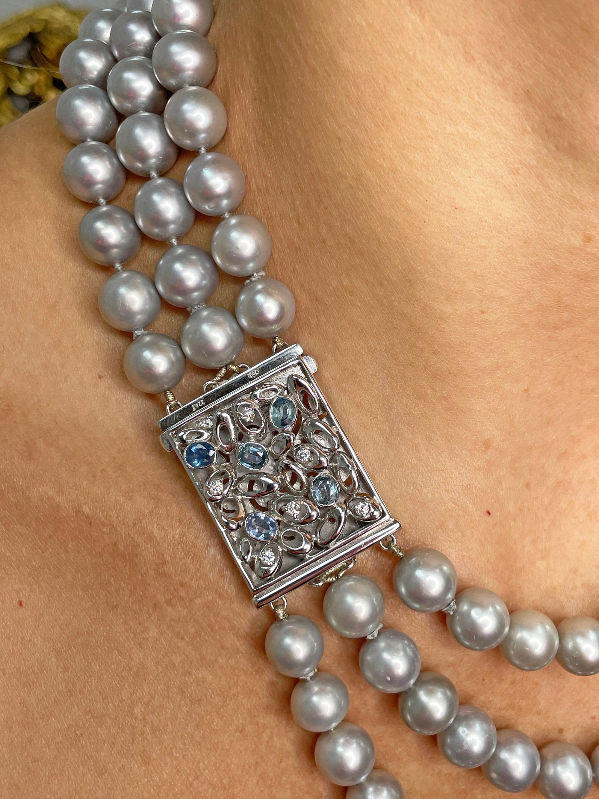 Vintage 3- Strand A DIAMOND, SAPPHIRE Cultured Grey PEARL Necklace in 18K W Gold For Sale 3