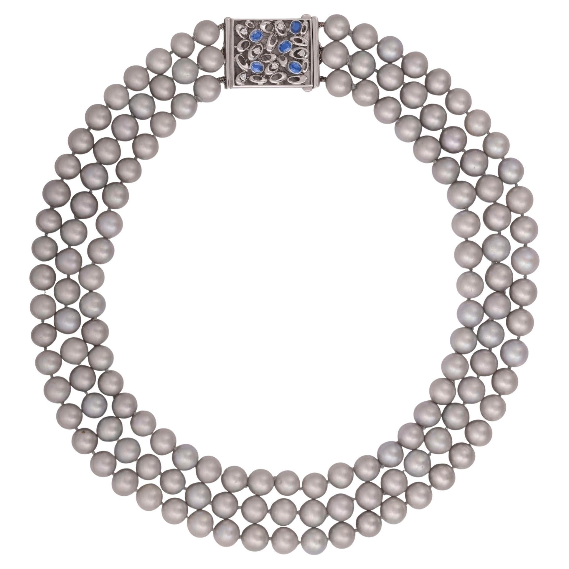 Vintage 3- Strand A DIAMOND, SAPPHIRE Cultured Grey PEARL Necklace in 18K W Gold