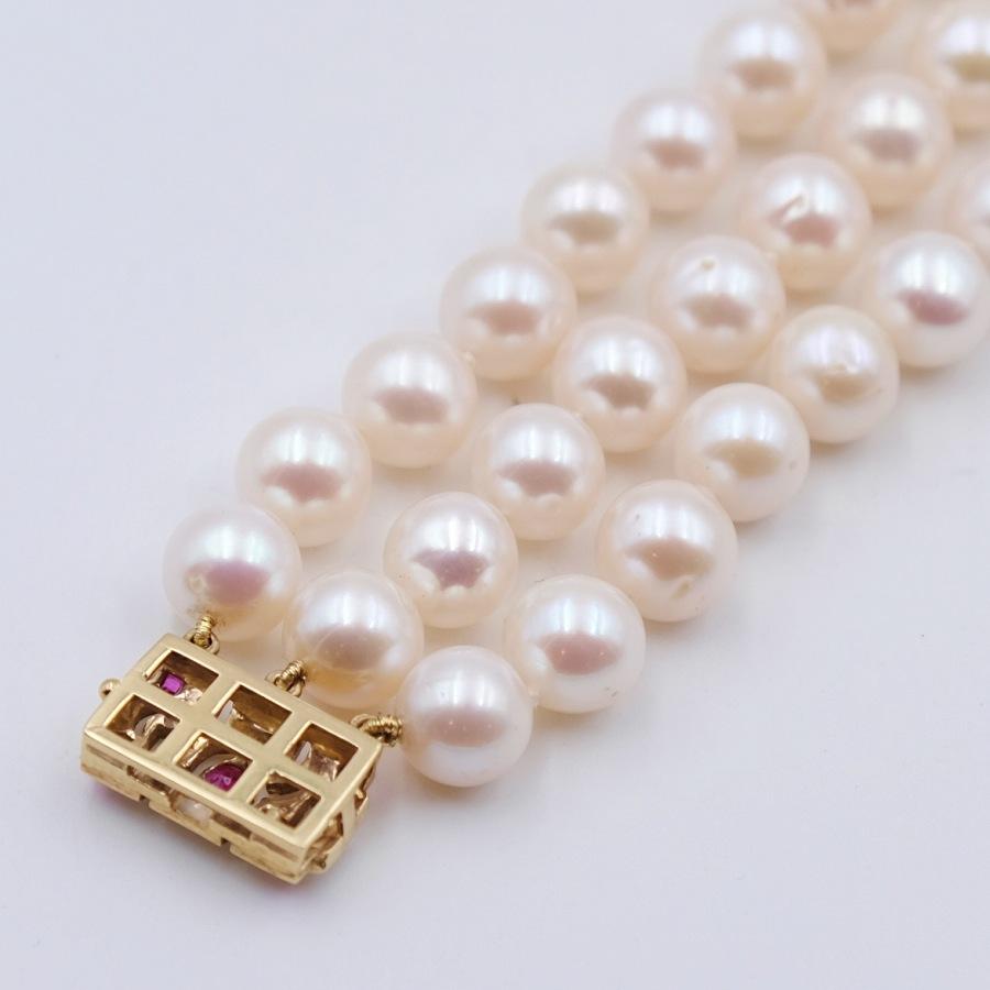 Women's or Men's Vintage 3 Strand Akoya Pearls Bracelet 14K Gold Clasp Ruby Diamonds 17cm