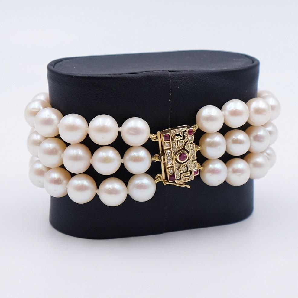Vintage 3 Strand Akoya Pearls Bracelet 14K Gold Clasp Ruby Diamonds 17cm 3