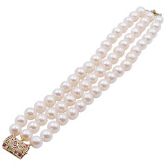 Vintage 3 Strand Akoya Pearls Bracelet 14K Gold Clasp Ruby Diamonds 17cm