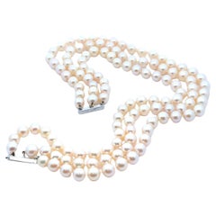 Vintage 3 Strand Cultured Pearl 14" Choker Necklace w/ Gold Engraved Slide Clasp