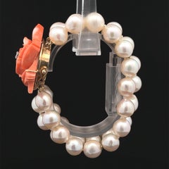 Vintage 3 Strand Pearl Bracelet w/ Carved Flower Coral Diamond 14k Gold Clasp