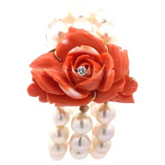Vintage 3 Strand Pearl Bracelet w/ Carved Flower Coral Diamond 14k Gold Clasp
