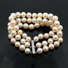 Vintage 3 Strand Pearl Bracelet w/ Diamond White Gold Bars & Slide Clasp