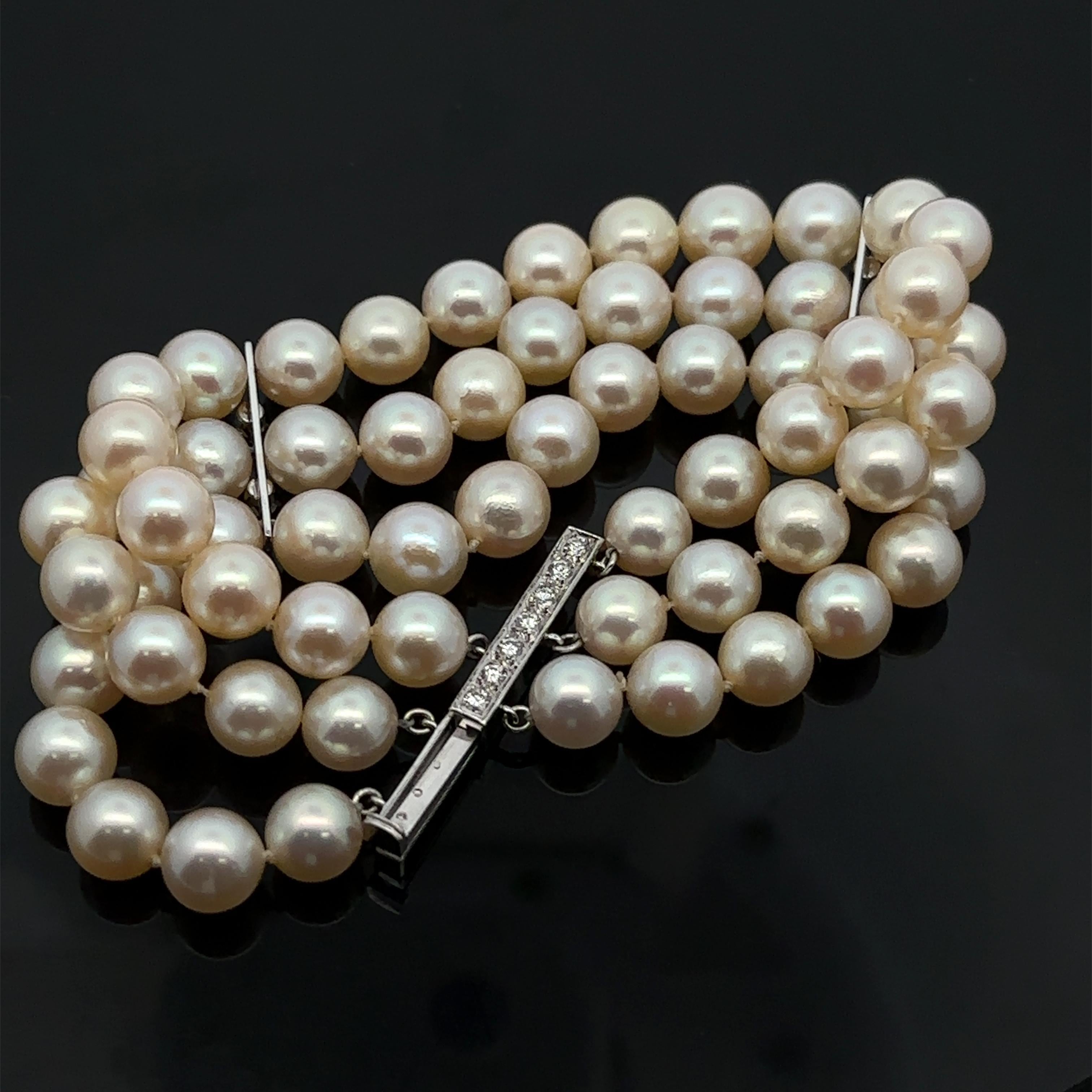 Bead Vintage 3 Strand Pearl Bracelet w/ Diamond White Gold Bars & Slide Clasp For Sale