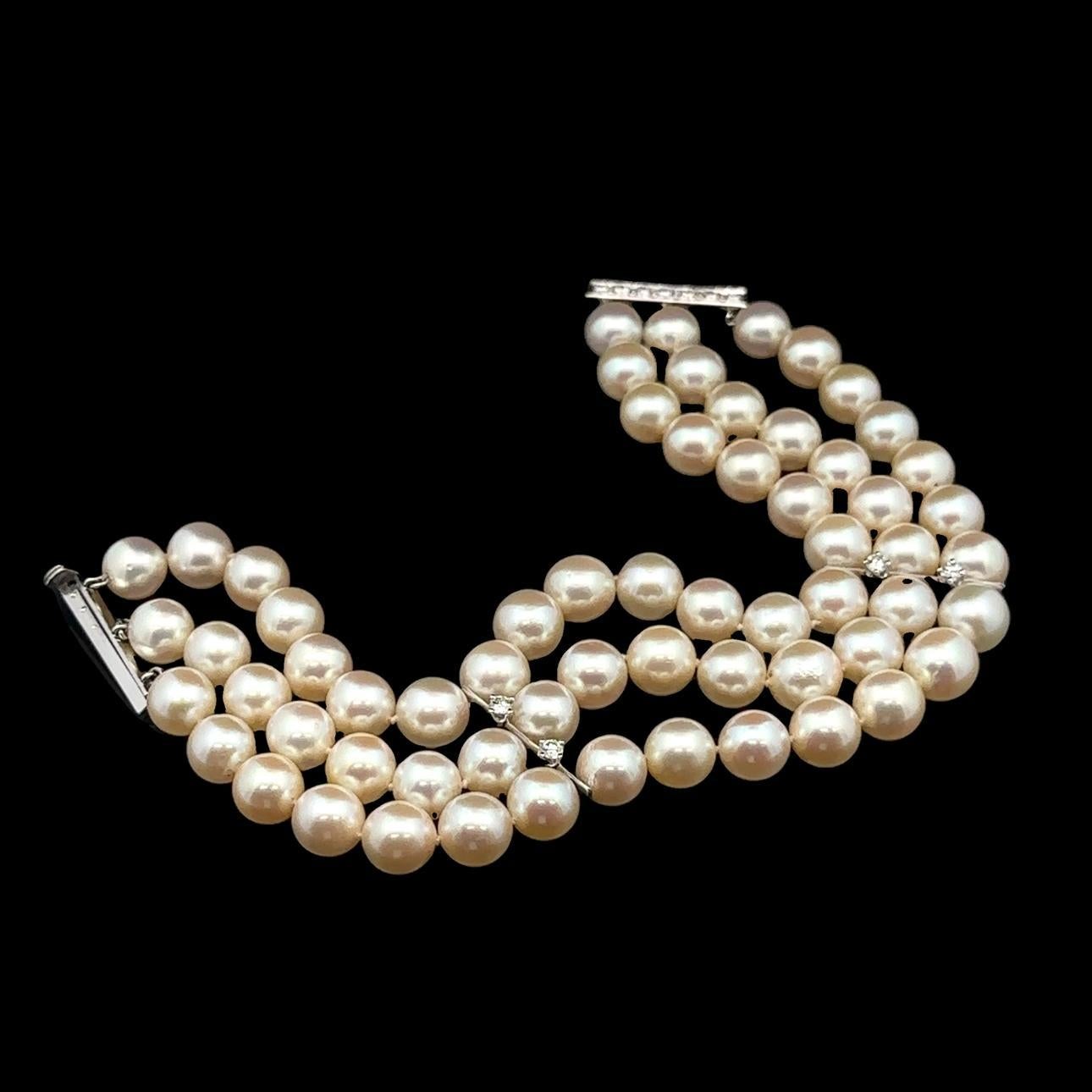 Women's Vintage 3 Strand Pearl Bracelet w/ Diamond White Gold Bars & Slide Clasp For Sale