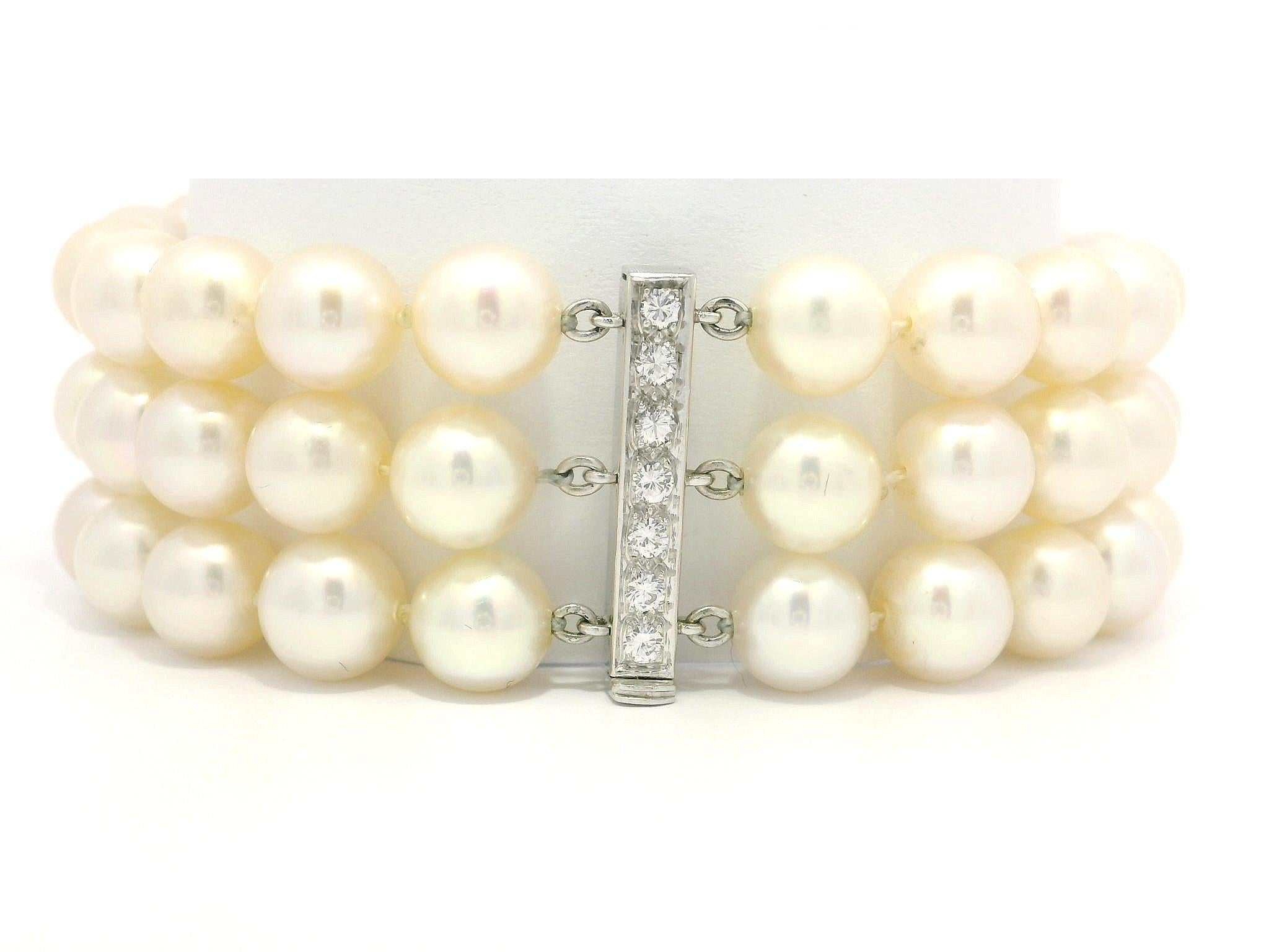 Vintage 3 Strand Pearl Bracelet w/ Diamond White Gold Bars & Slide Clasp For Sale 1