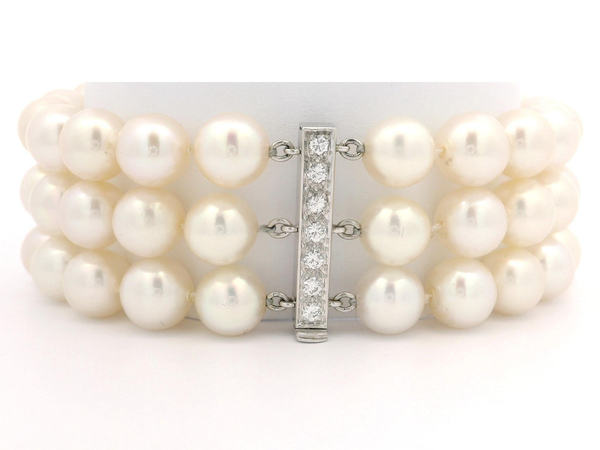 Vintage 3 Strand Pearl Bracelet w/ Diamond White Gold Bars & Slide Clasp For Sale 2