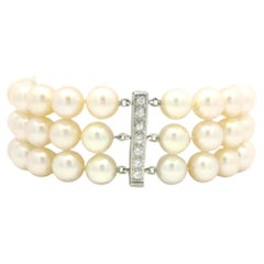 Vintage 3 Strand Pearl Bracelet with Diamond White Gold Bars & Slide Clasp