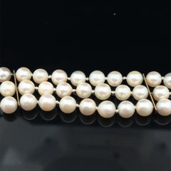 Vintage 3 Strand Pearl Bracelet w/ Yellow Gold Bars Cabochon Garnet Clasp