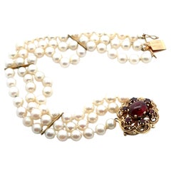 Vintage 3 Strand Pearl Bracelet w/ Yellow Gold Bars Cabochon Garnet Clasp