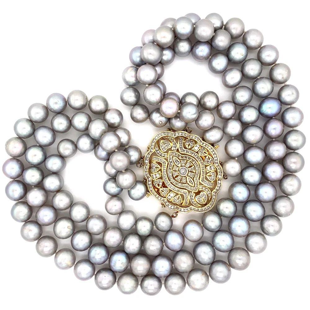 Collana vintage a 3 fili con perle dei mari del sud e diamanti con chiusura in oro In condizioni ottime in vendita a Montreal, QC