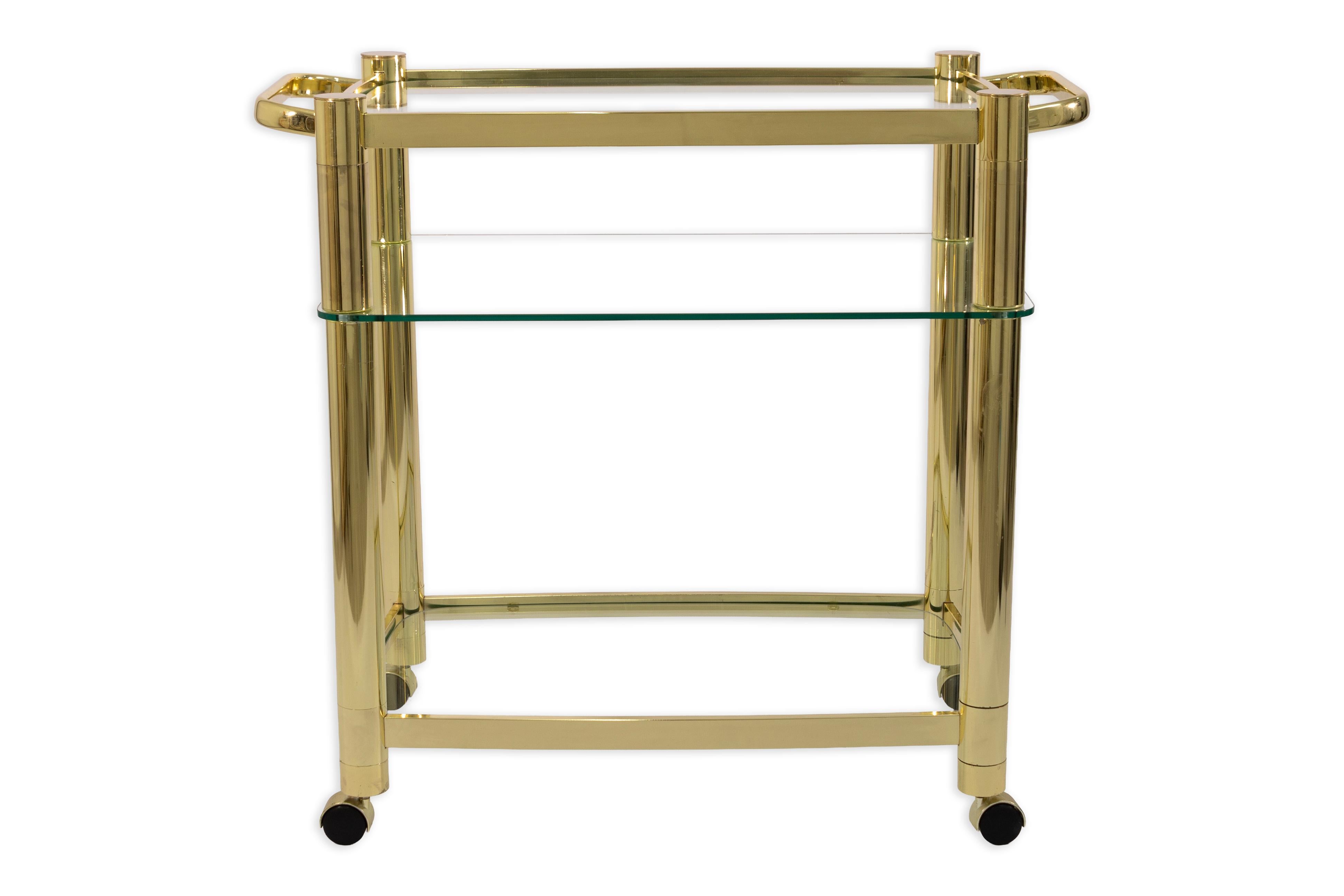Unknown Vintage 3 Tier Hollywood Regency Style Brass and Glass Rolling Bar Serving Cart For Sale