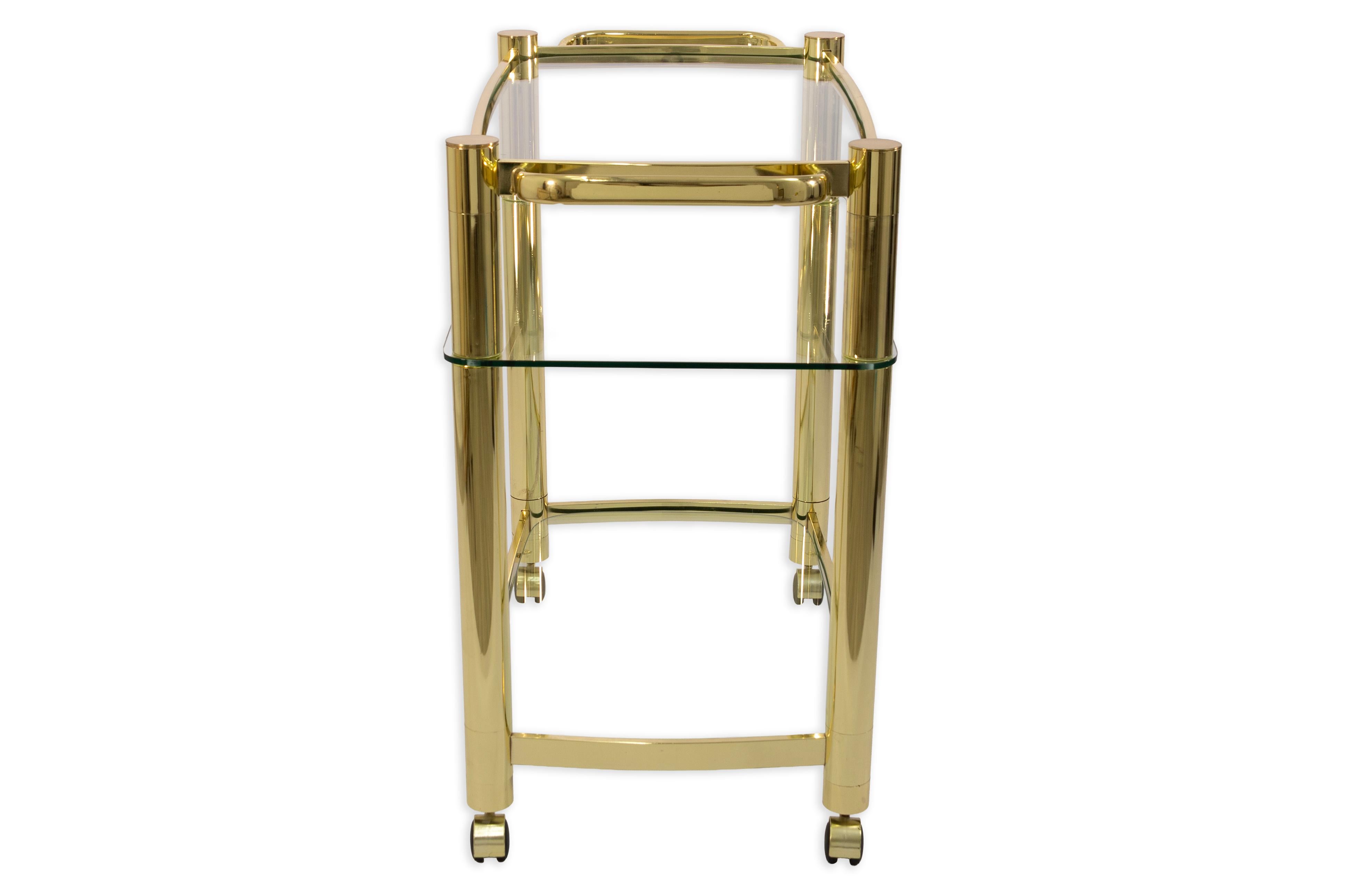 Vintage 3 Tier Hollywood Regency Style Brass and Glass Rolling Bar Serving Cart For Sale 3