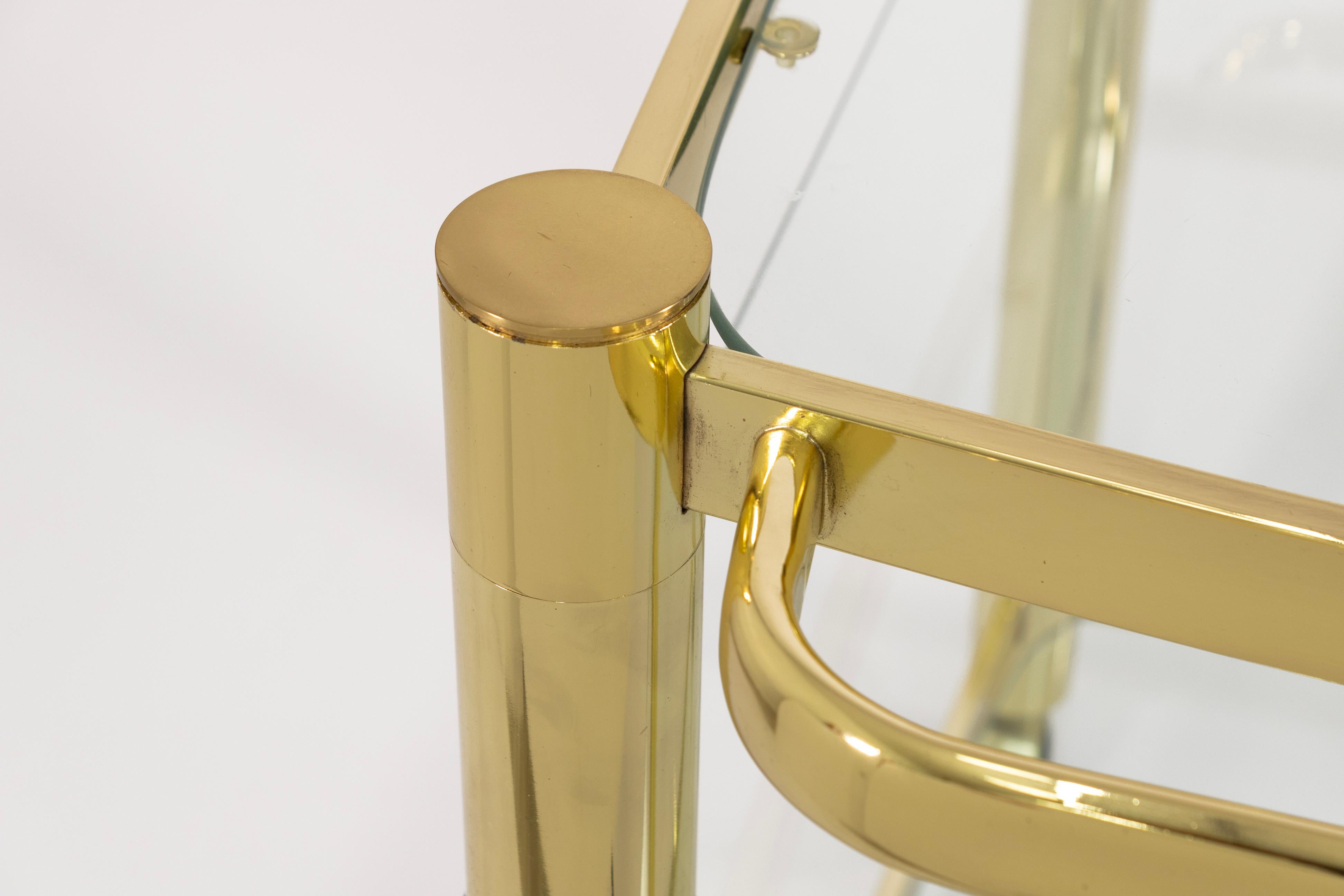 Vintage 3 Tier Hollywood Regency Style Brass and Glass Rolling Bar Serving Cart For Sale 4