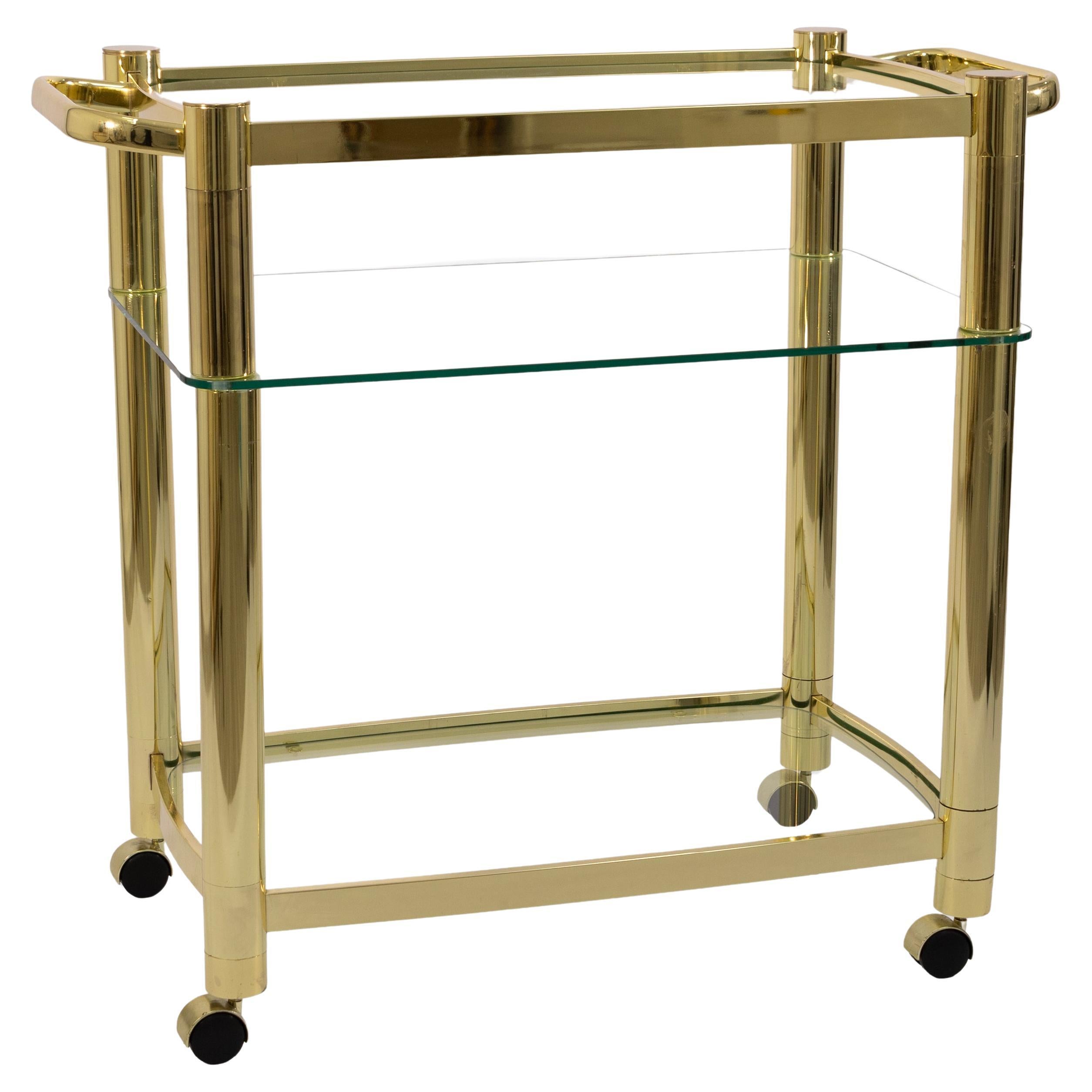 Vintage 3 Tier Hollywood Regency Style Brass and Glass Rolling Bar Serving Cart For Sale