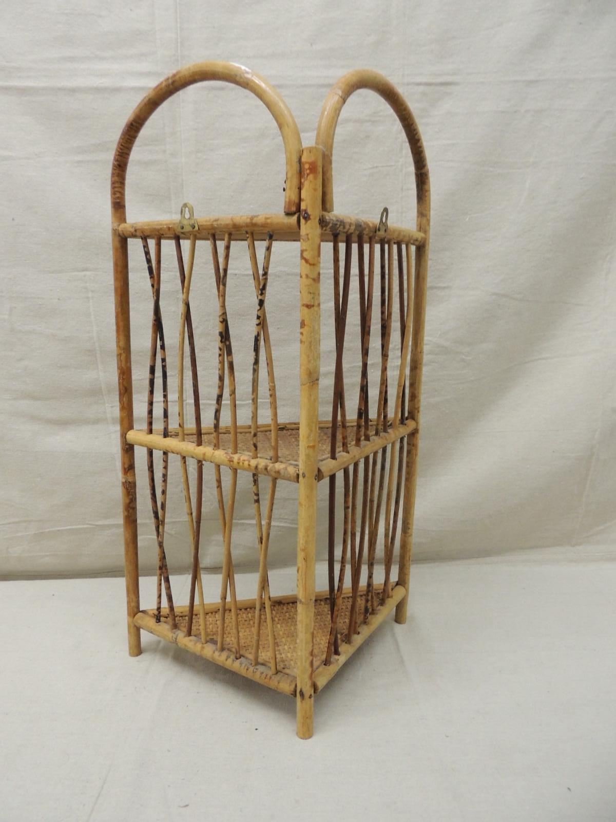 Organic Modern Vintage 3 Tiers Wall Shelf in Tortoiseshell Bamboo and Rattan with Hanging Hooks