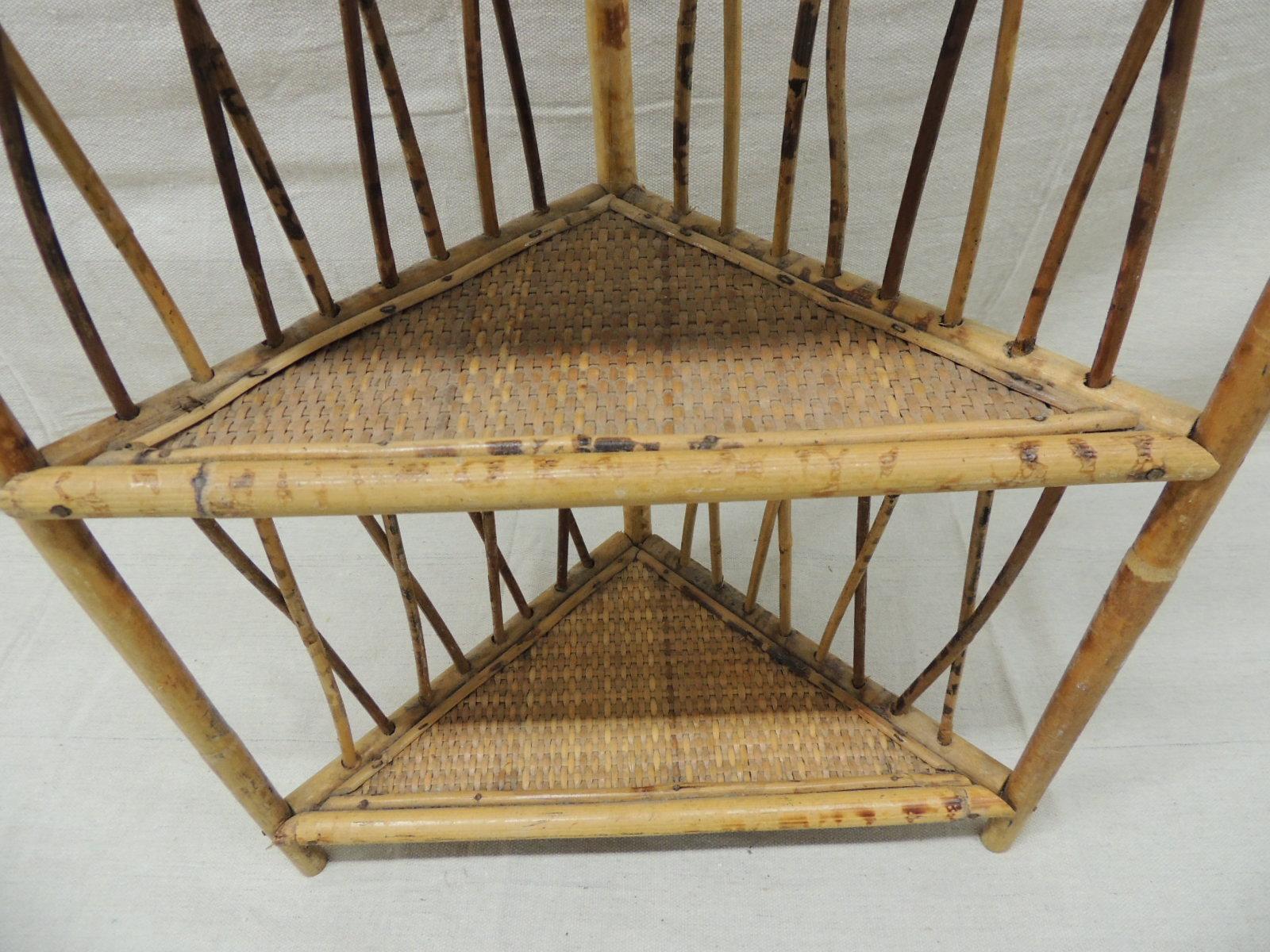 Hand-Crafted Vintage 3 Tiers Wall Shelf in Tortoiseshell Bamboo and Rattan with Hanging Hooks