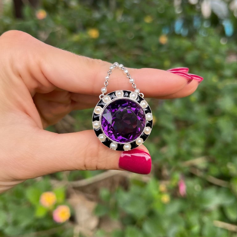 Vintage 30 Carat Amethyst Onyx and Pearl Gold Necklace Estate Fine