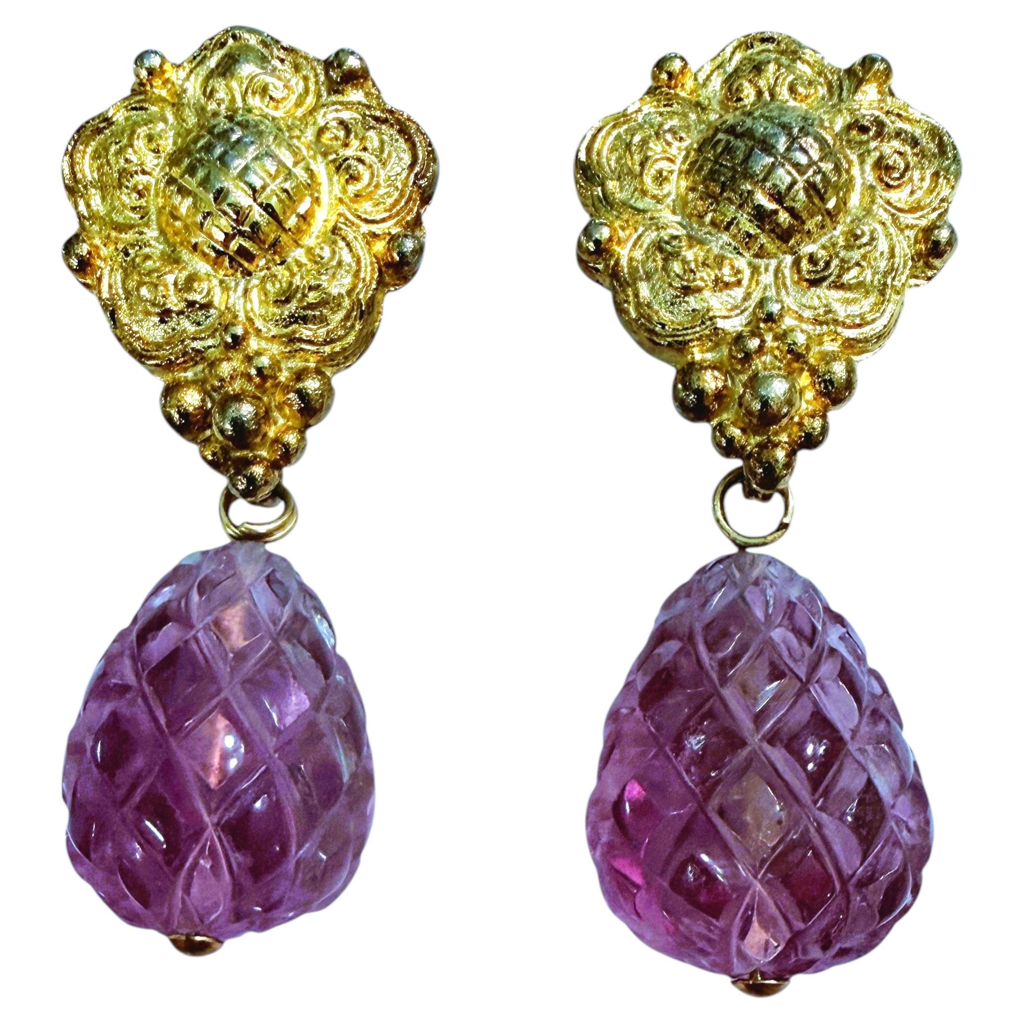 Vintage 30 Carat Sephen Dweck Gold PL Sterling Silver Amethyst Omega Earrings For Sale