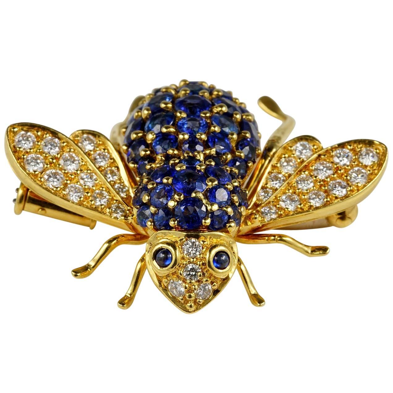 Vintage 3.0 Carat Untreated Sapphire .80 Carat Diamond Bumble Bee Brooch For Sale