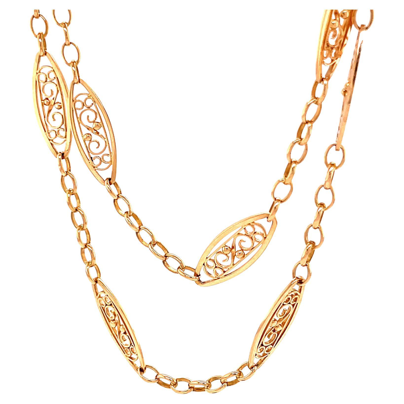 Antique French 60Inch Filigree Gold Necklace For Sale at 1stDibs