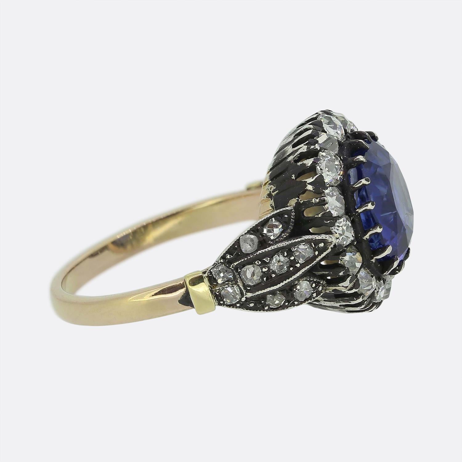 Victorian Vintage 3.00 Carat Burmese Sapphire and Diamond Cluster Ring For Sale
