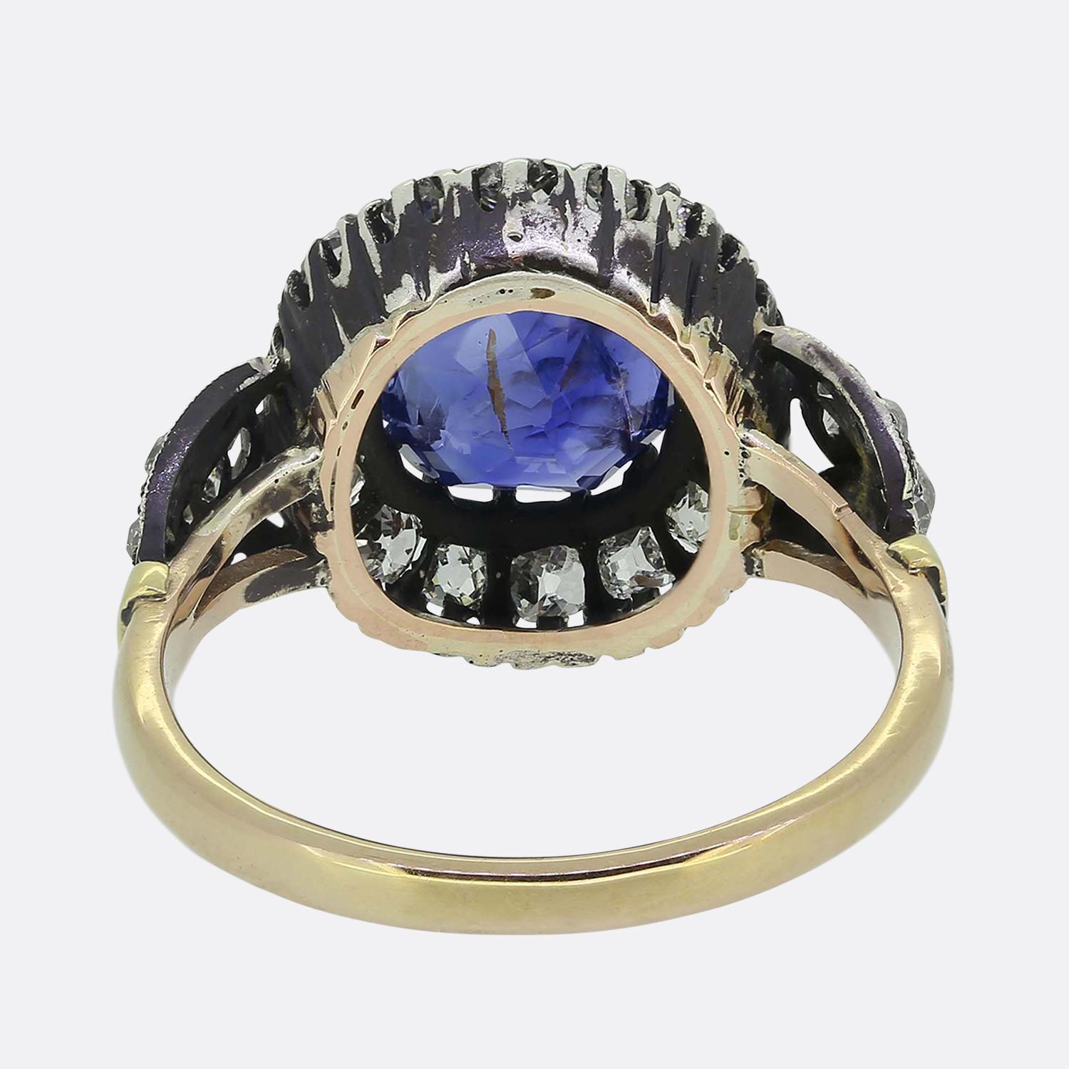 Round Cut Vintage 3.00 Carat Burmese Sapphire and Diamond Cluster Ring For Sale