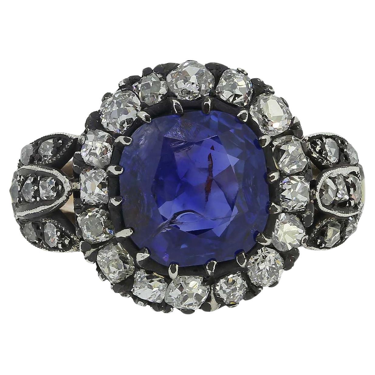 Vintage 3.00 Carat Burmese Sapphire and Diamond Cluster Ring For Sale
