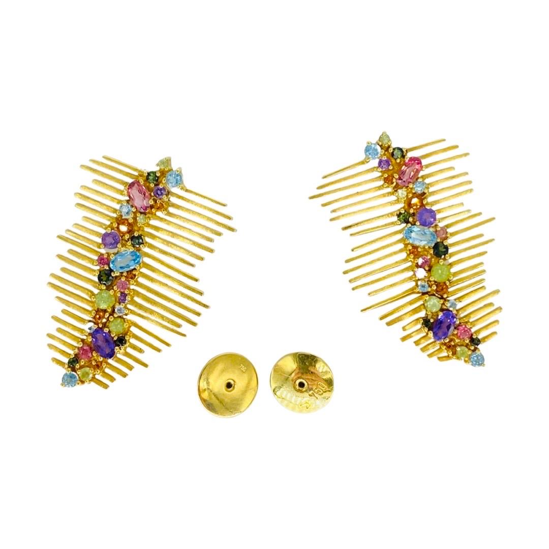 Taille ronde Boucles d'oreilles vintage abstraites en or 18 carats avec multi-pierres fruitées de 3,00 carats en vente