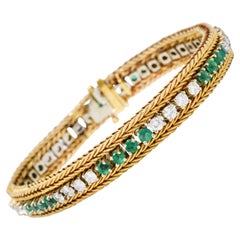 Vintage 3.00 Carats Diamond Emerald 18 Karat Two-Tone Gold Wheat Line Bracelet