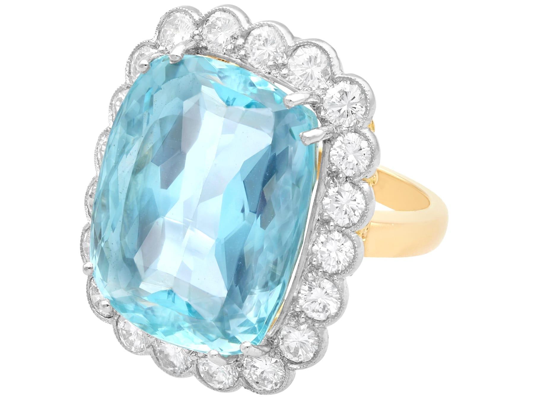 Cushion Cut 30.09 Carat Aquamarine and 2.94 Carat Diamond 18K Yellow Gold Dress Ring  For Sale