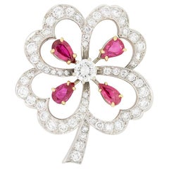Vintage 3.00ct Diamond and Ruby Clover Brooch, c.1950s